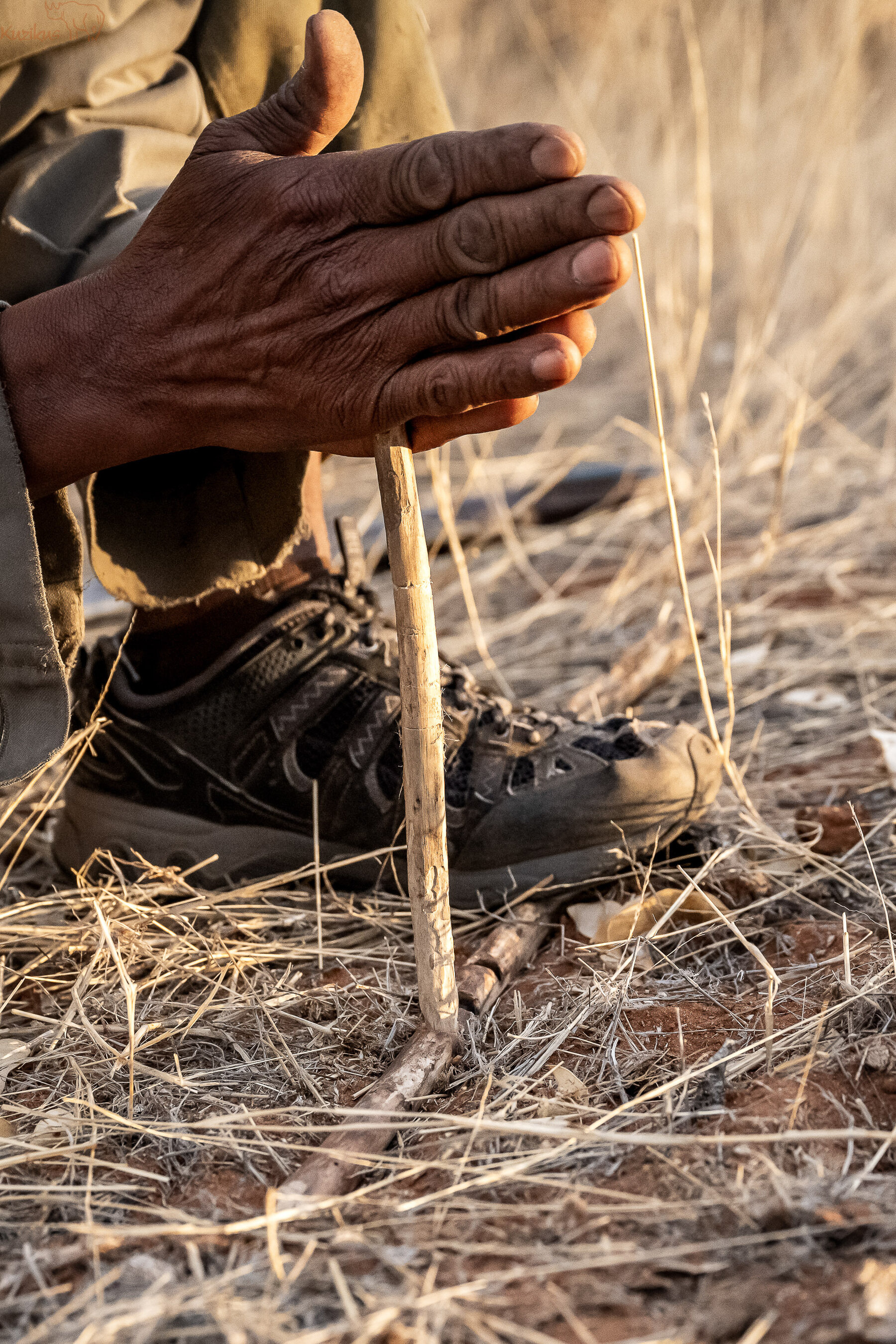 Fire sticks in the hand of a Khwe