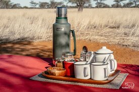 Tee-service beim Zimmer G&auml;stefarm Kuzikus Kalahari Namibia